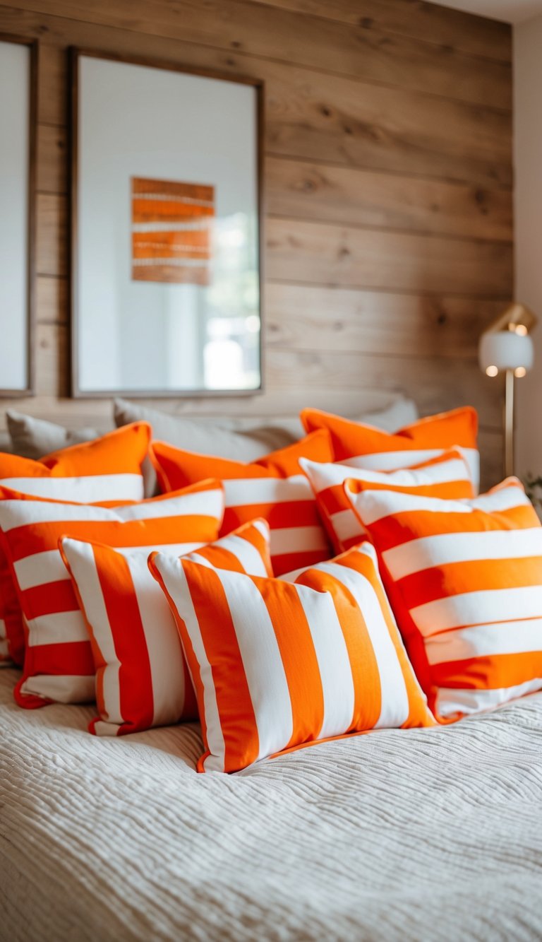 Bright orange and white striped cushions scattered across a cozy bedroom with warm, inviting decor