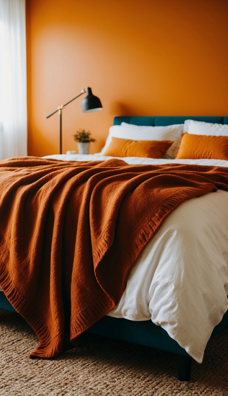 A cozy burnt sienna blanket drapes over a bed in a vibrant orange bedroom, adding warmth and texture to the room