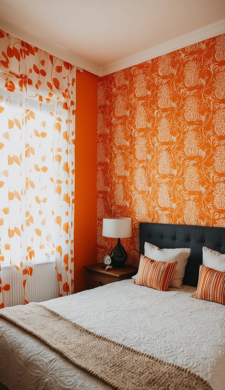 An orange-themed wallpaper covers one wall in a cozy bedroom