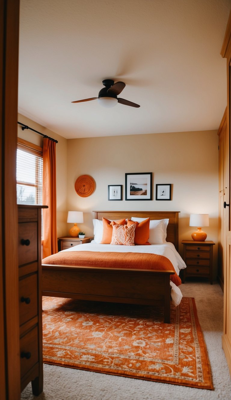 A cozy bedroom with warm wood furniture and orange accents