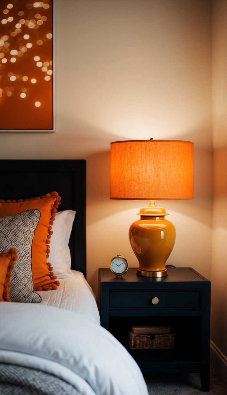 A cozy bedroom with marigold ceramic lamps casting a warm glow on orange accents and decor