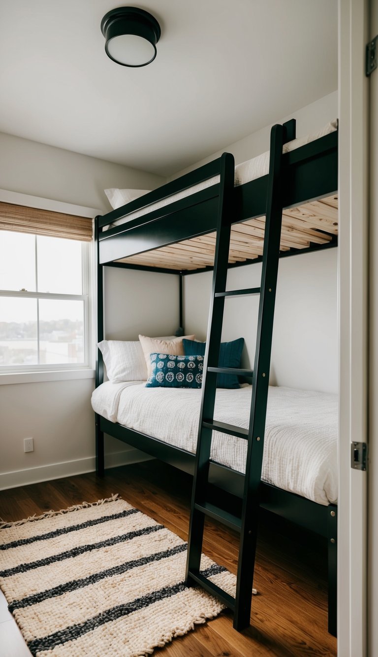 A loft bed sits in a tiny bedroom, creating space below