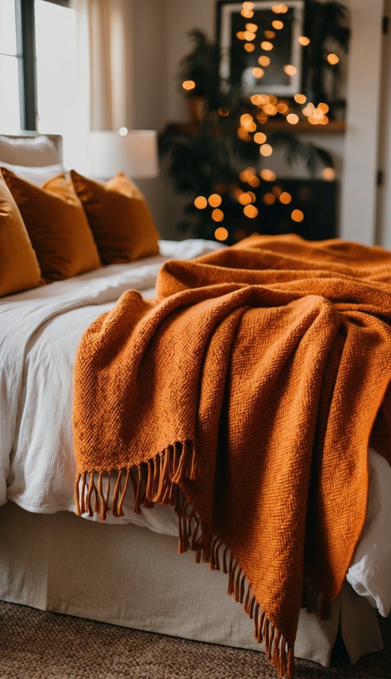 Orange throw blankets draped over a cozy bed in a bedroom with warm, inviting decor