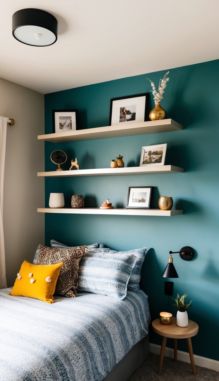 Floating shelves installed above a bed in a small bedroom with various decorative items displayed