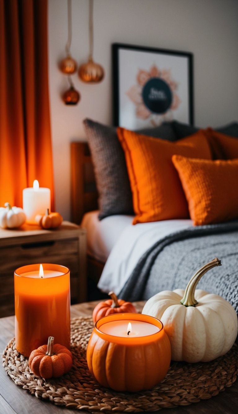 Pumpkin spice candles light an orange bedroom with cozy decor and warm accents