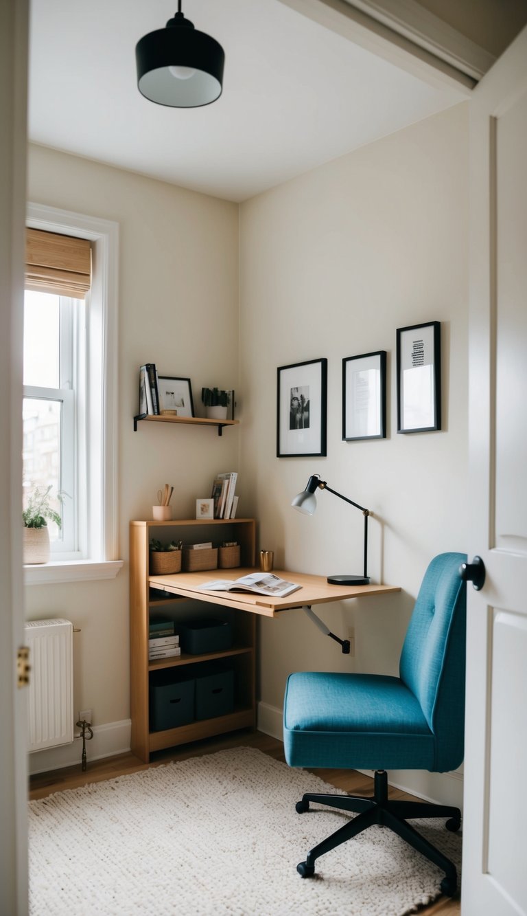 A small bedroom with a fold-down desk, cozy and clutter-free, featuring clever storage solutions and a minimalist color scheme