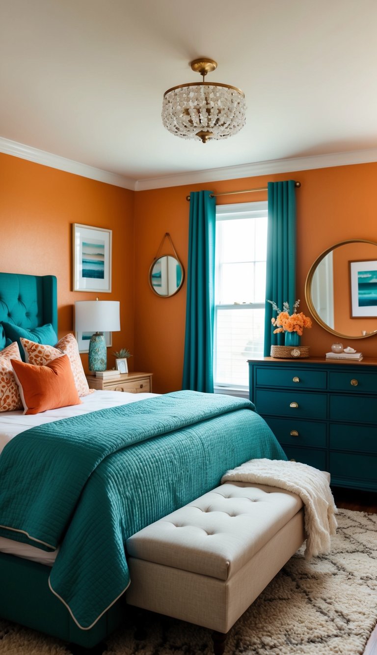 A cozy bedroom with orange walls and teal accents, featuring a comfortable bed, a stylish dresser, and a warm, inviting atmosphere