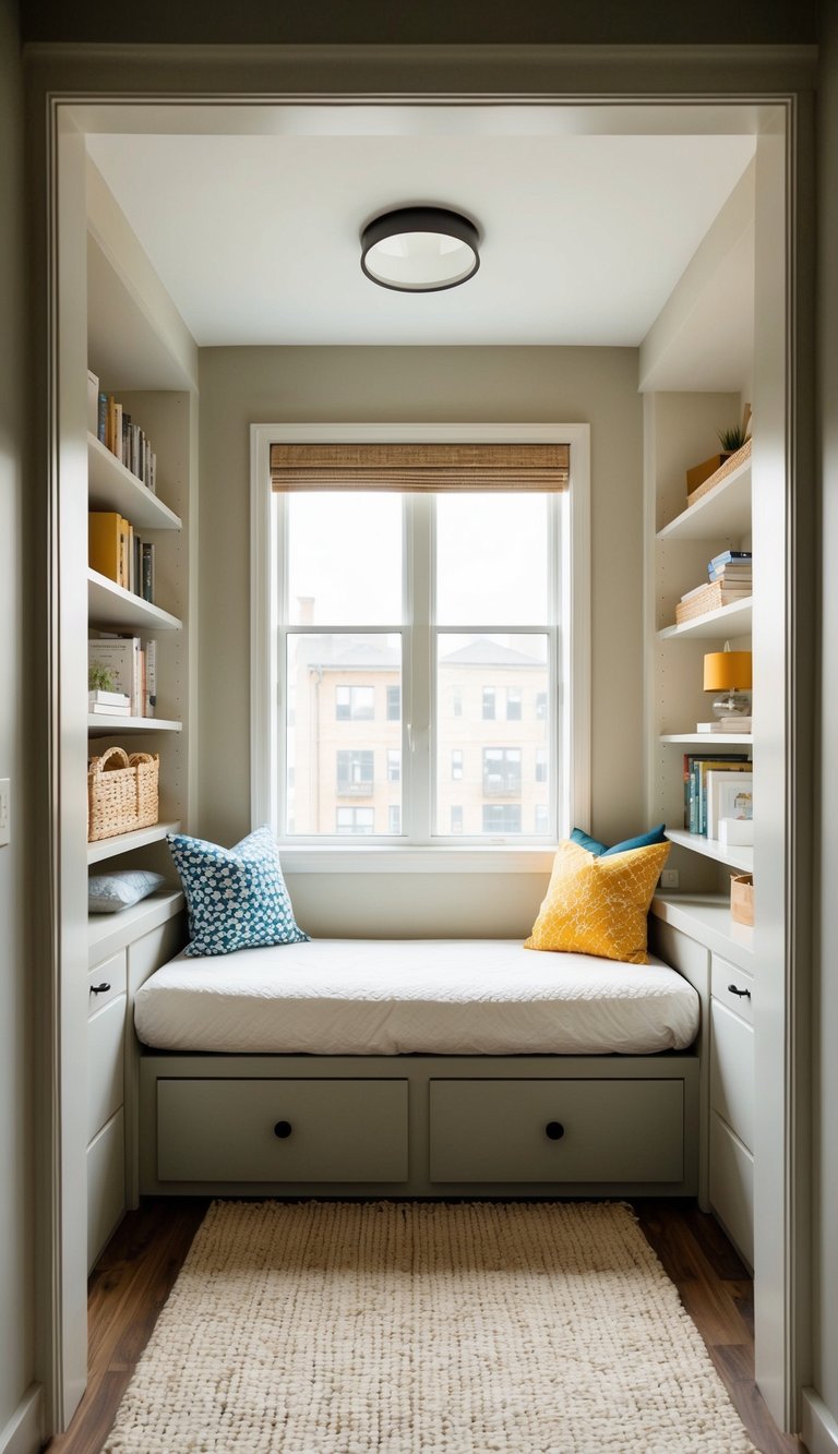 A cozy daybed with built-in storage sits in a small bedroom, surrounded by clever space-saving solutions