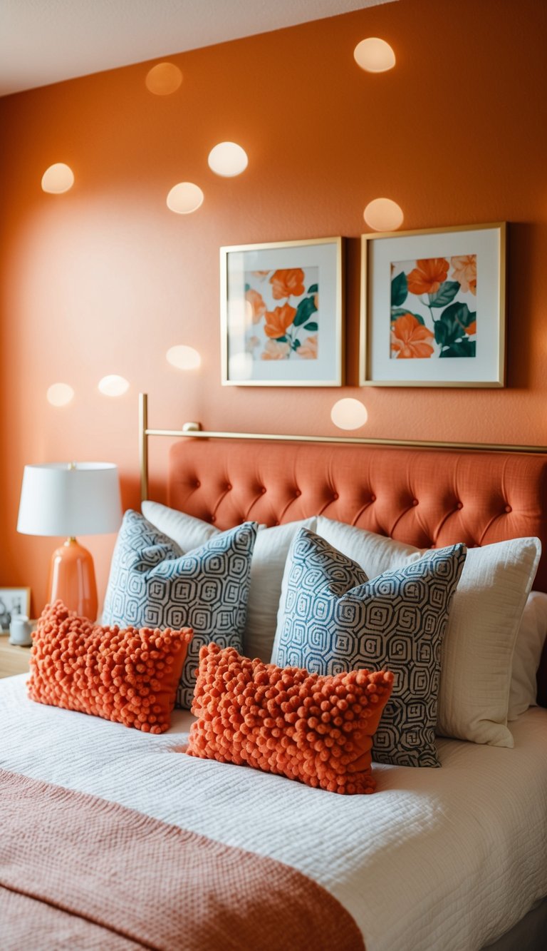 A cozy bedroom with a bed adorned with coral decorative pillows, surrounded by warm orange hues