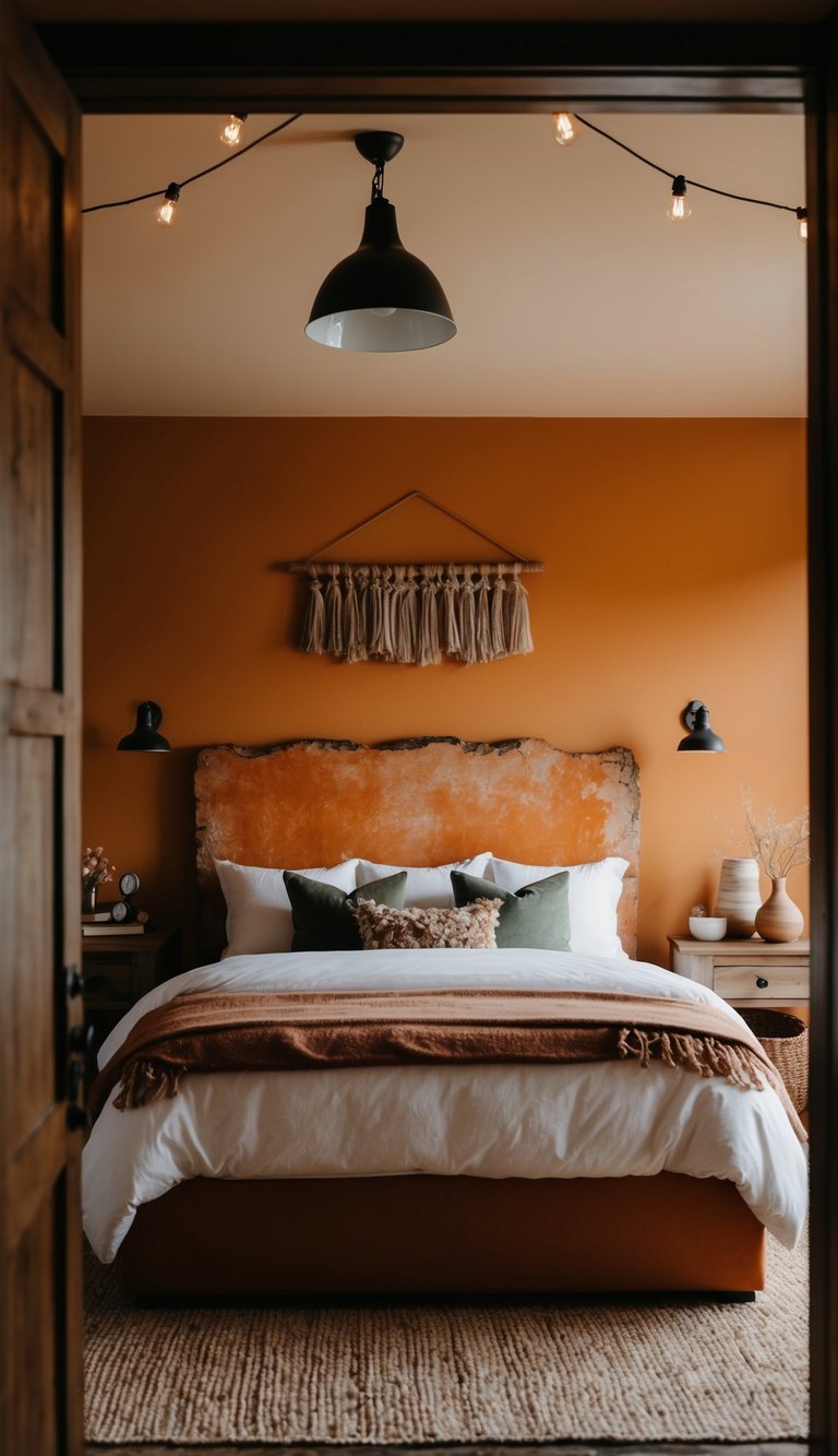 A cozy bedroom with a rustic orange-painted headboard, warm lighting, and earthy decor