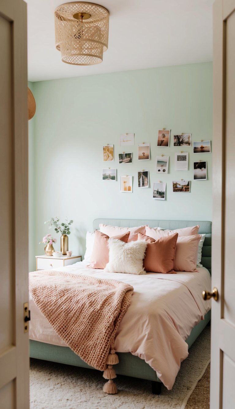 A cozy bedroom with soft pastel walls, filled with 25 tiny decor ideas