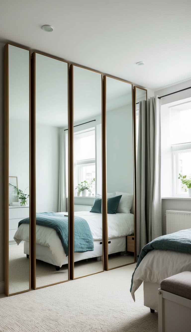 Multiple mirrors reflect a small bedroom, creating the illusion of more space. Clever storage solutions and minimalistic decor add to the sense of openness