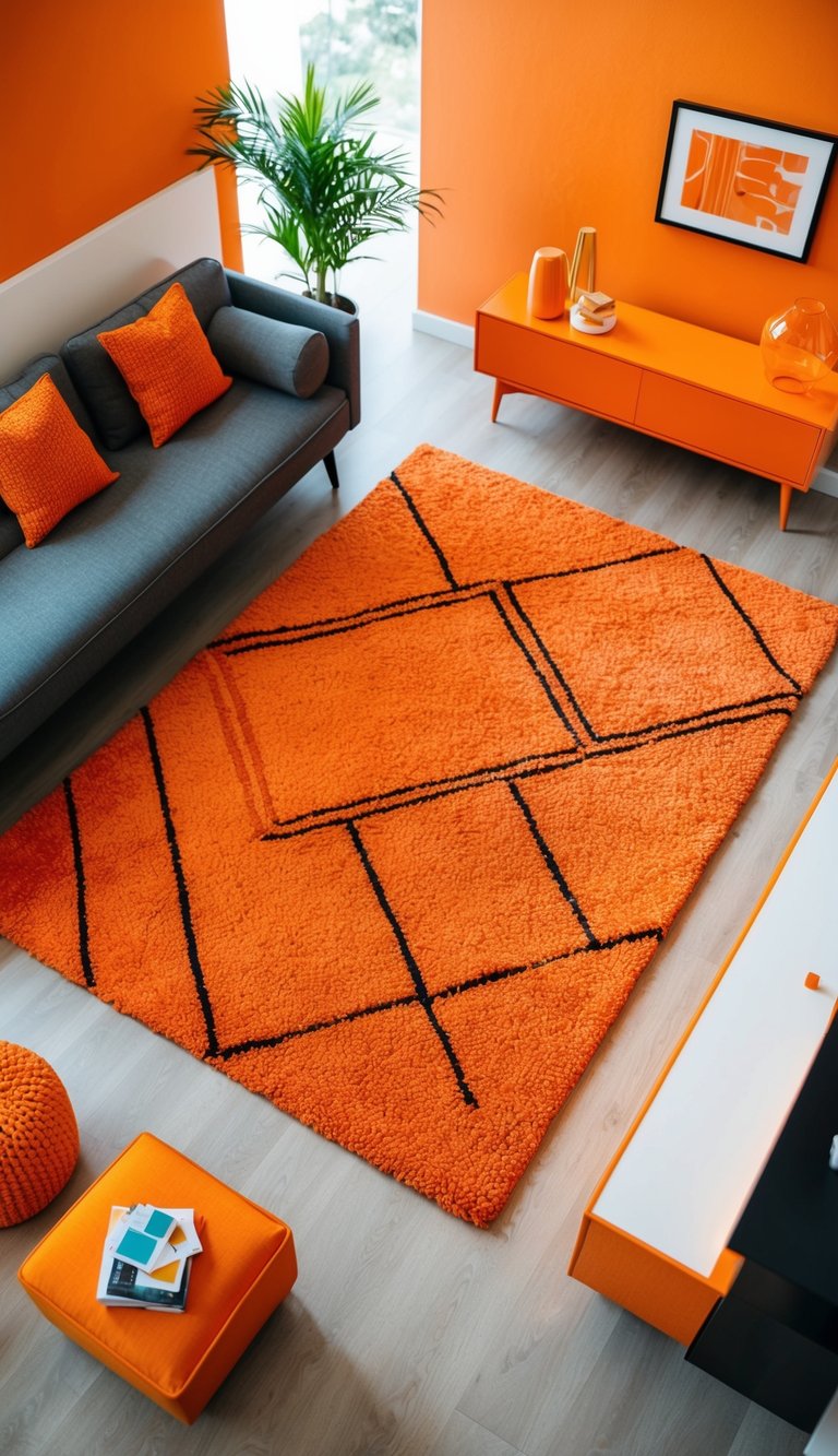An orange geometric area rug lies in the center of a modern bedroom, surrounded by vibrant orange decor and furniture