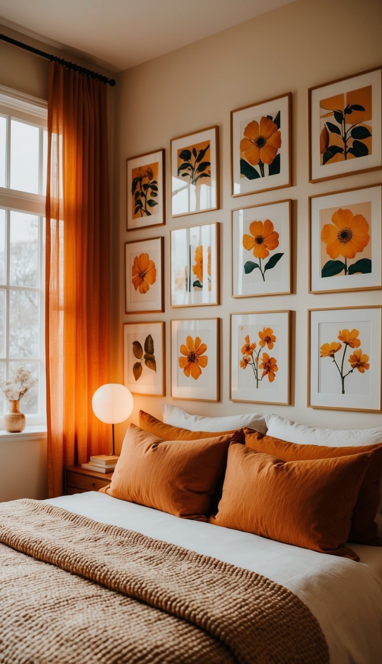 An array of orange botanical prints adorns the walls of a cozy bedroom, casting a warm, inviting glow throughout the space