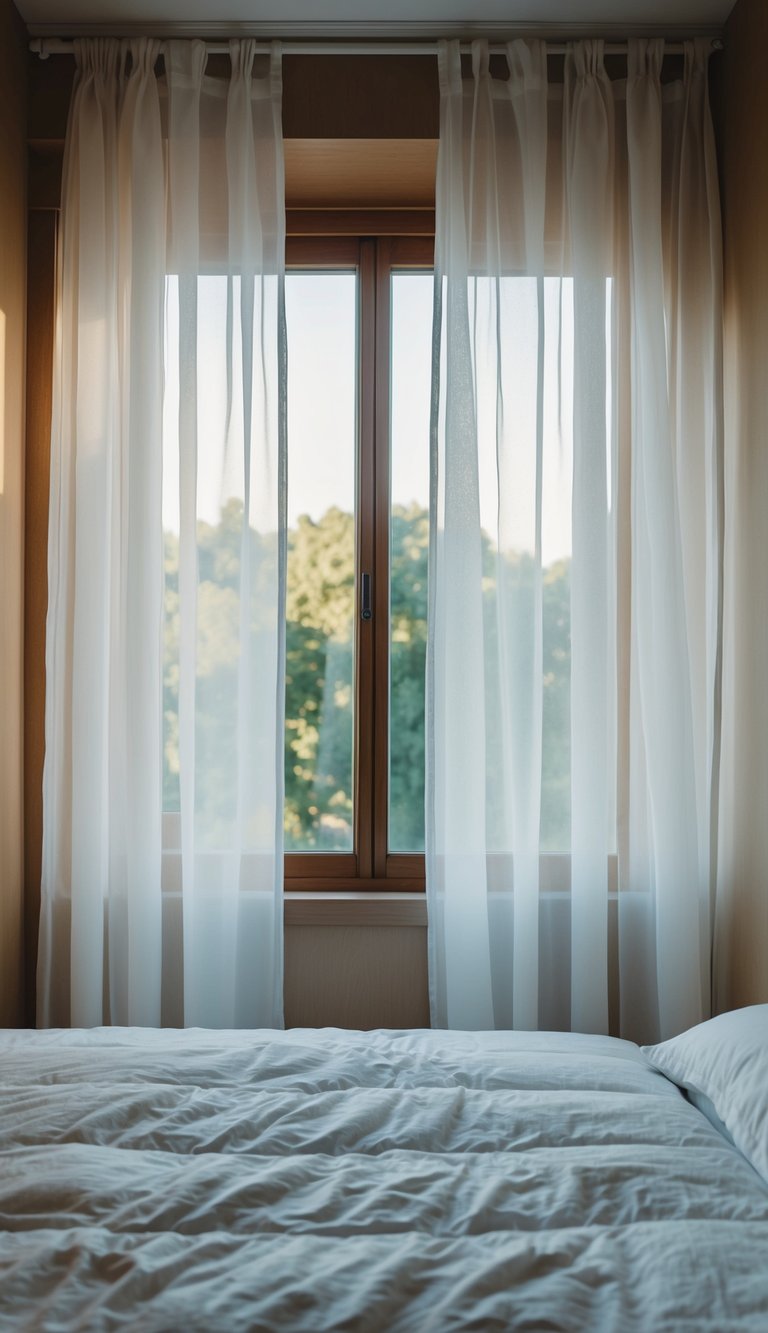 Sheer curtains hang in a tiny bedroom, allowing natural light to filter through the window