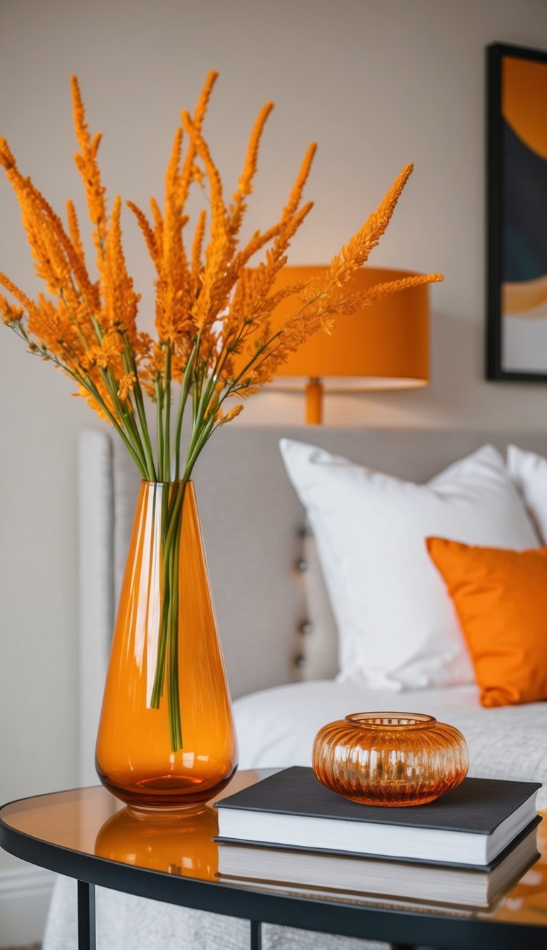 An orange glass vase with decorative items on a tabletop in a bedroom with orange accents
