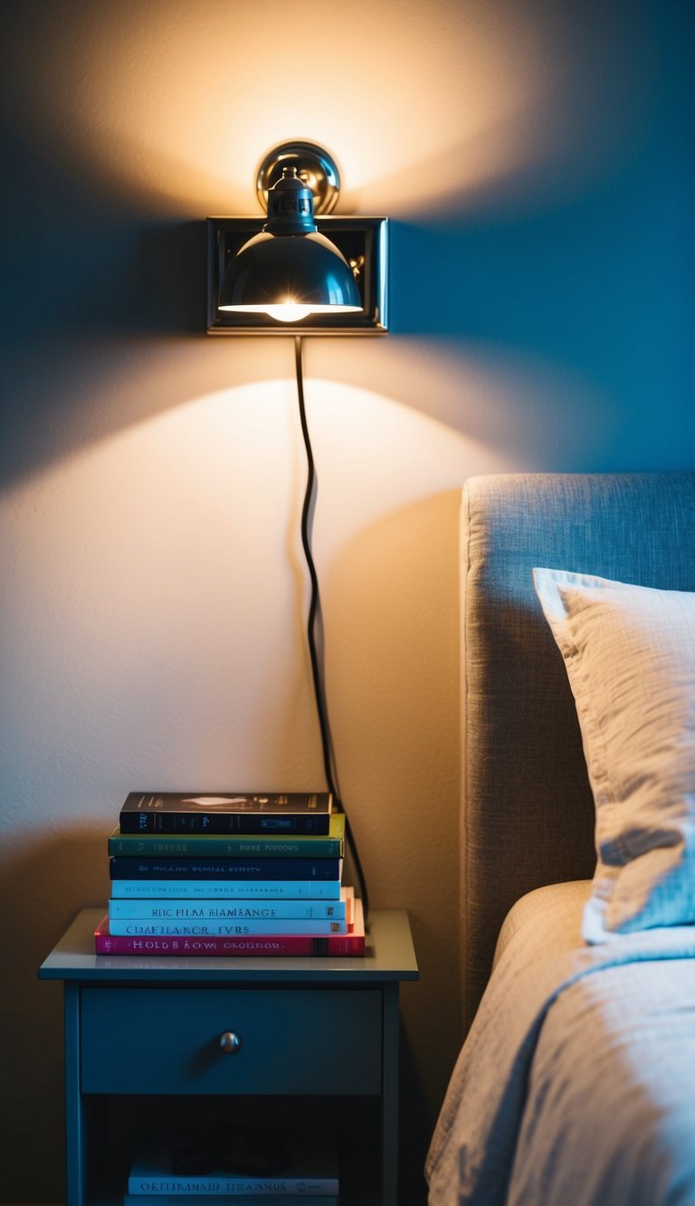 A cozy bedroom with a wall-mounted reading lamp above a small bedside table, casting a warm glow on a stack of books