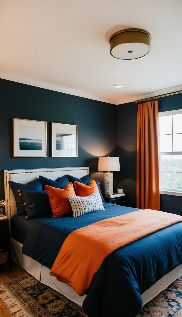 A cozy bedroom with navy blue bedding accented with pops of orange through throw pillows, curtains, and a rug