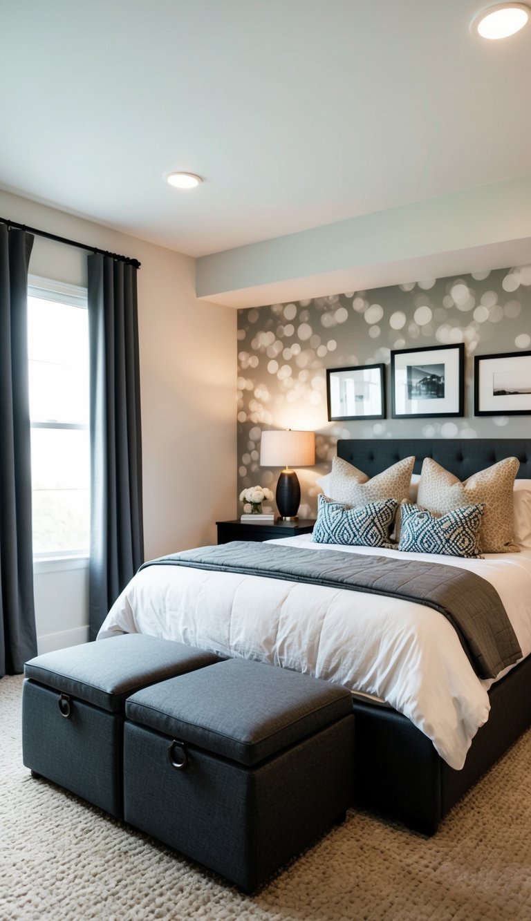 A cozy bedroom with a bed and ottoman with hidden storage, maximizing space