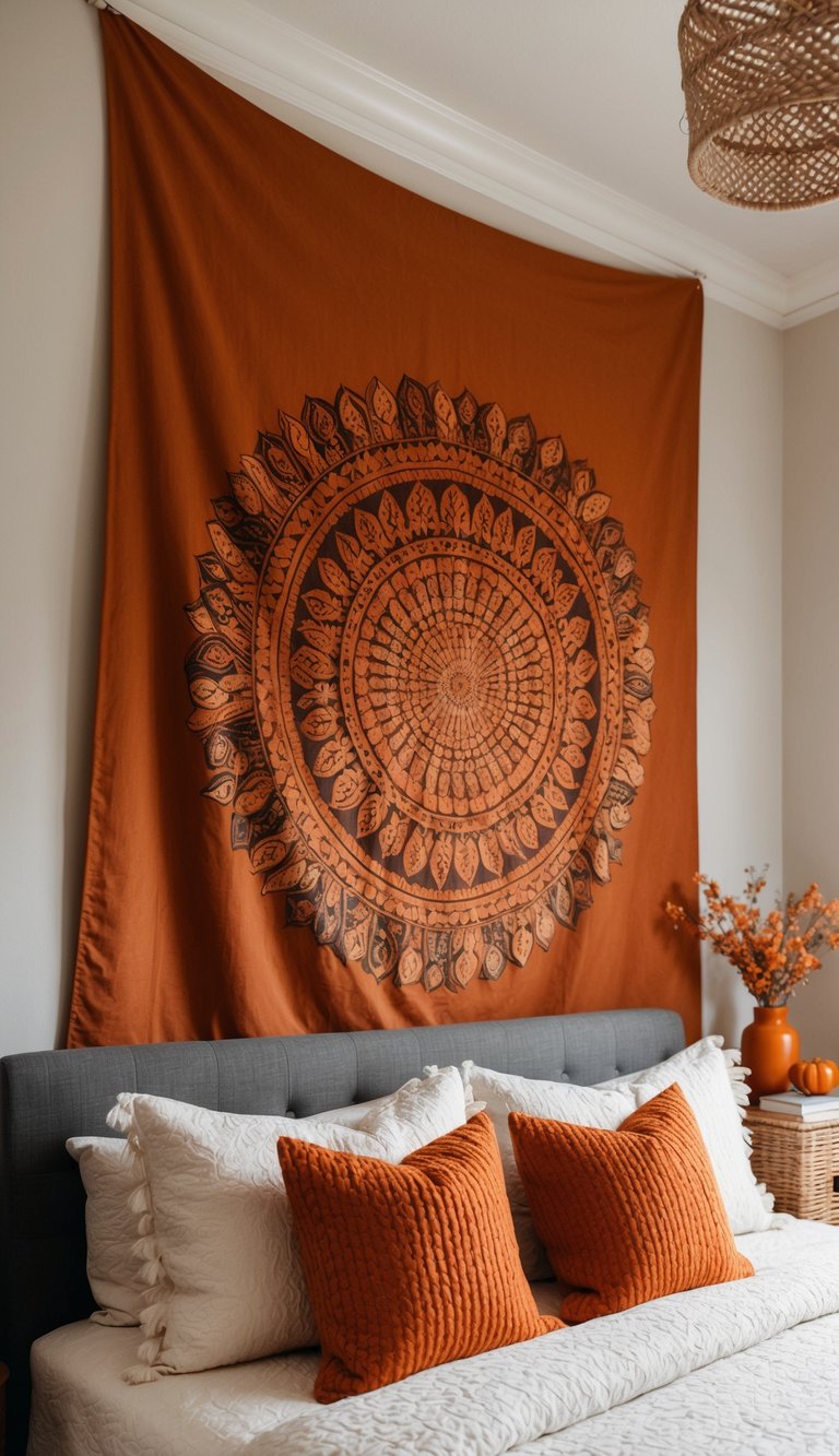A large rust-orange tapestry hangs in a cozy bedroom adorned with 27 orange-themed decor ideas