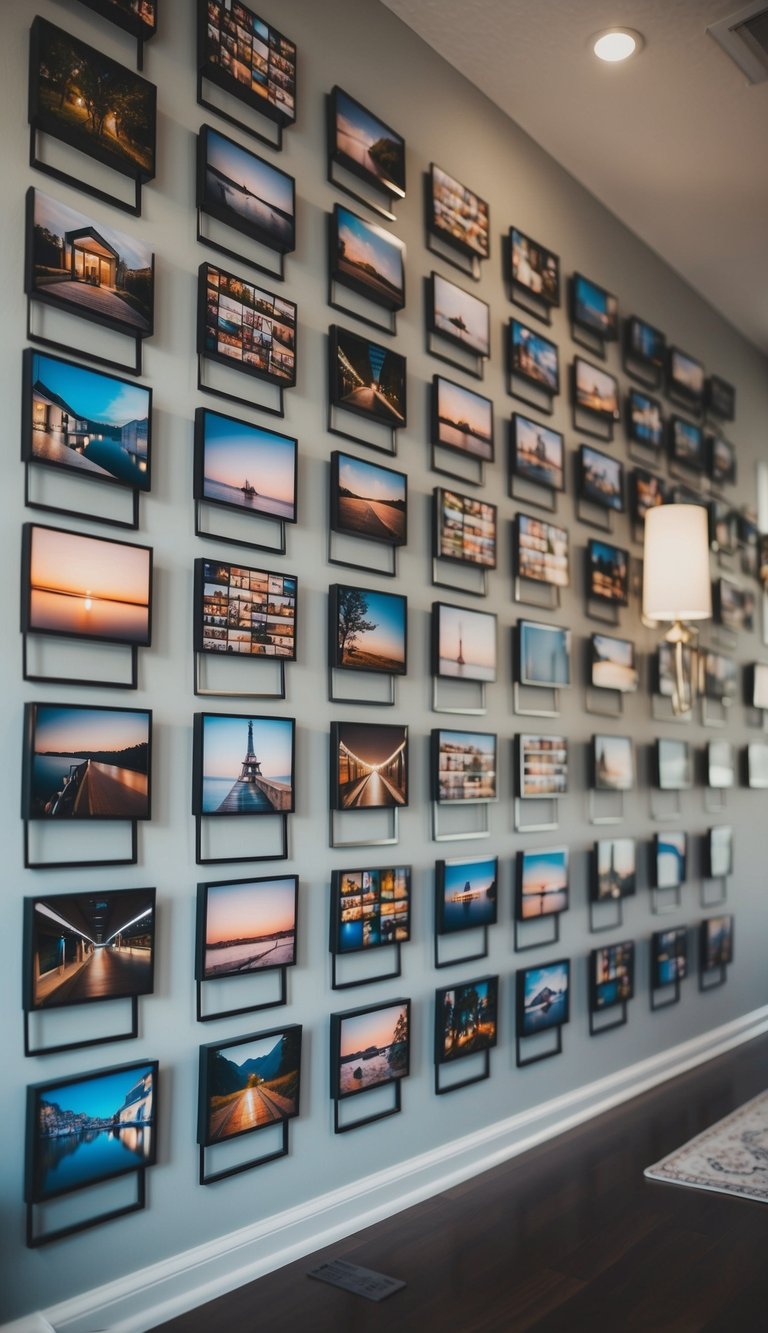 A gallery wall with 25 small pictures showcasing various tiny bedroom ideas