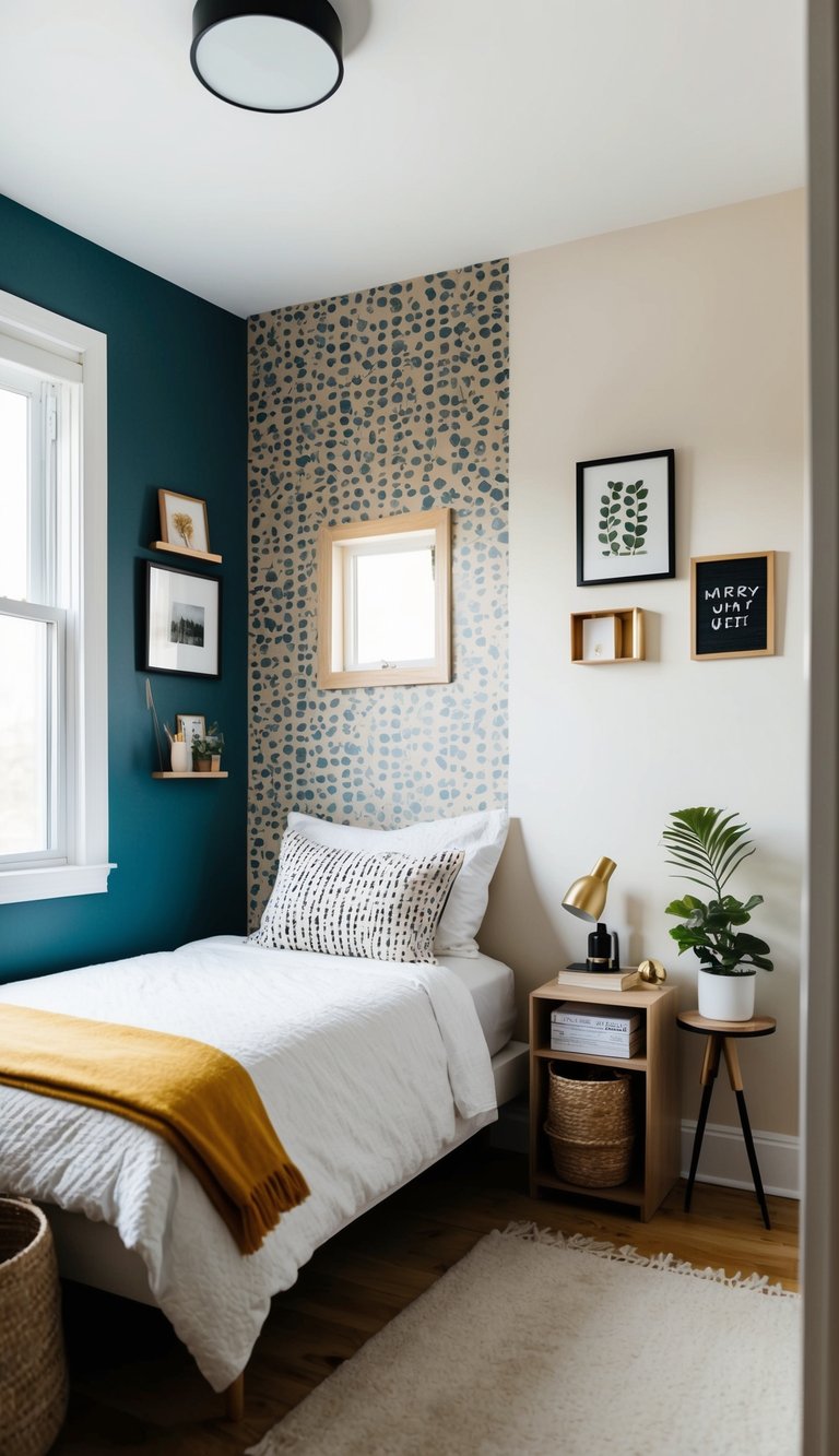 A small bedroom with a single accent wall covered in removable wallpaper, featuring various tiny bedroom decor and furniture ideas