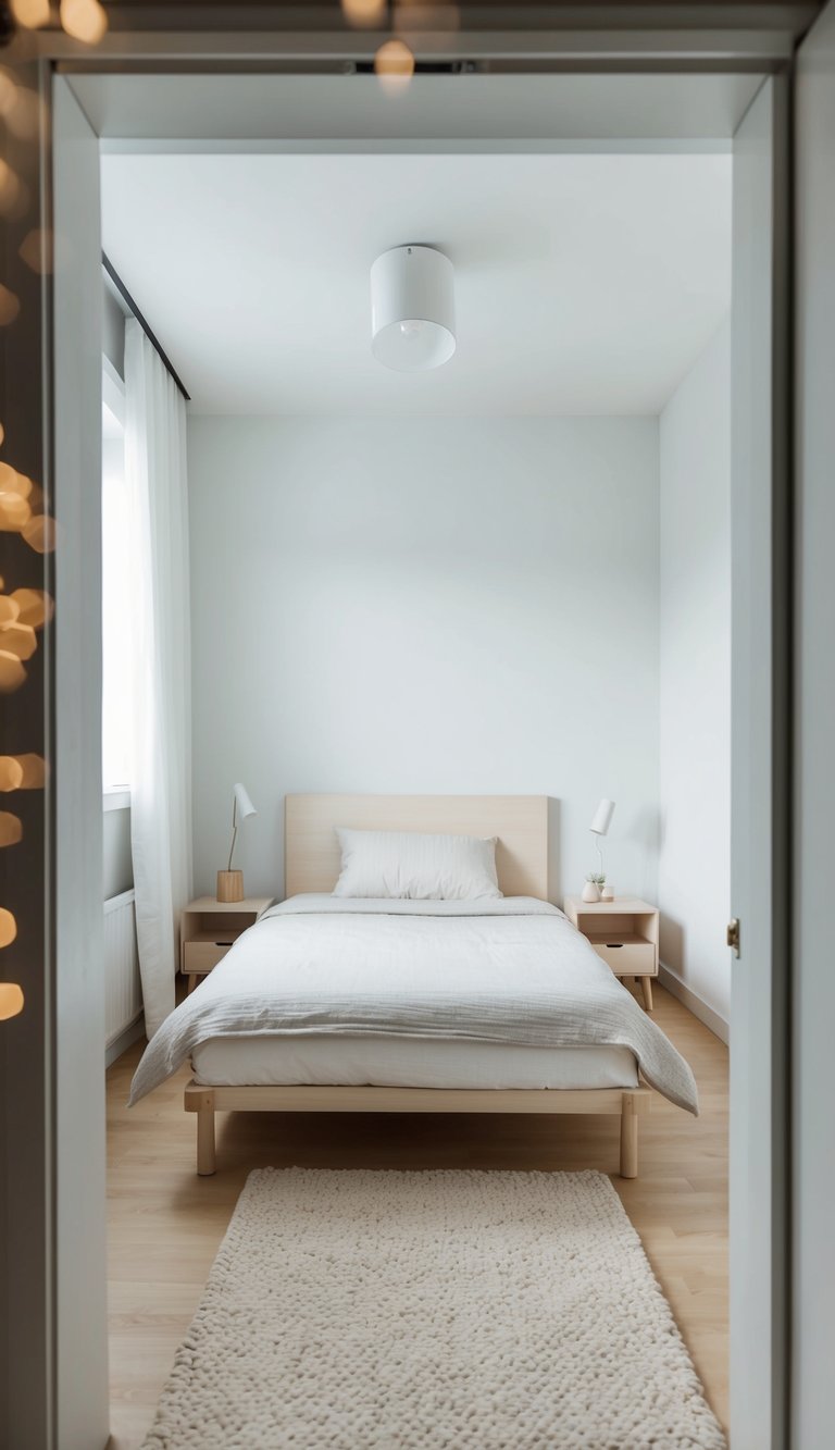 A small bedroom with a simple, light-colored bed, minimal bedding, and space-saving furniture