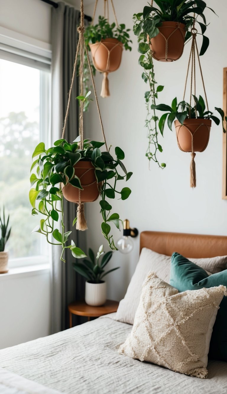 Plants in hanging planters adorn a cozy bedroom with 25 tiny decor ideas