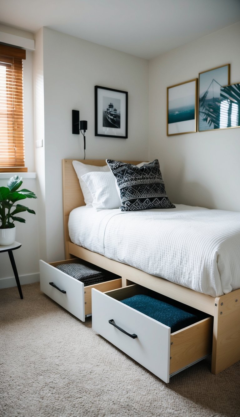 A compact bedroom with under-bed storage drawers installed, maximizing space