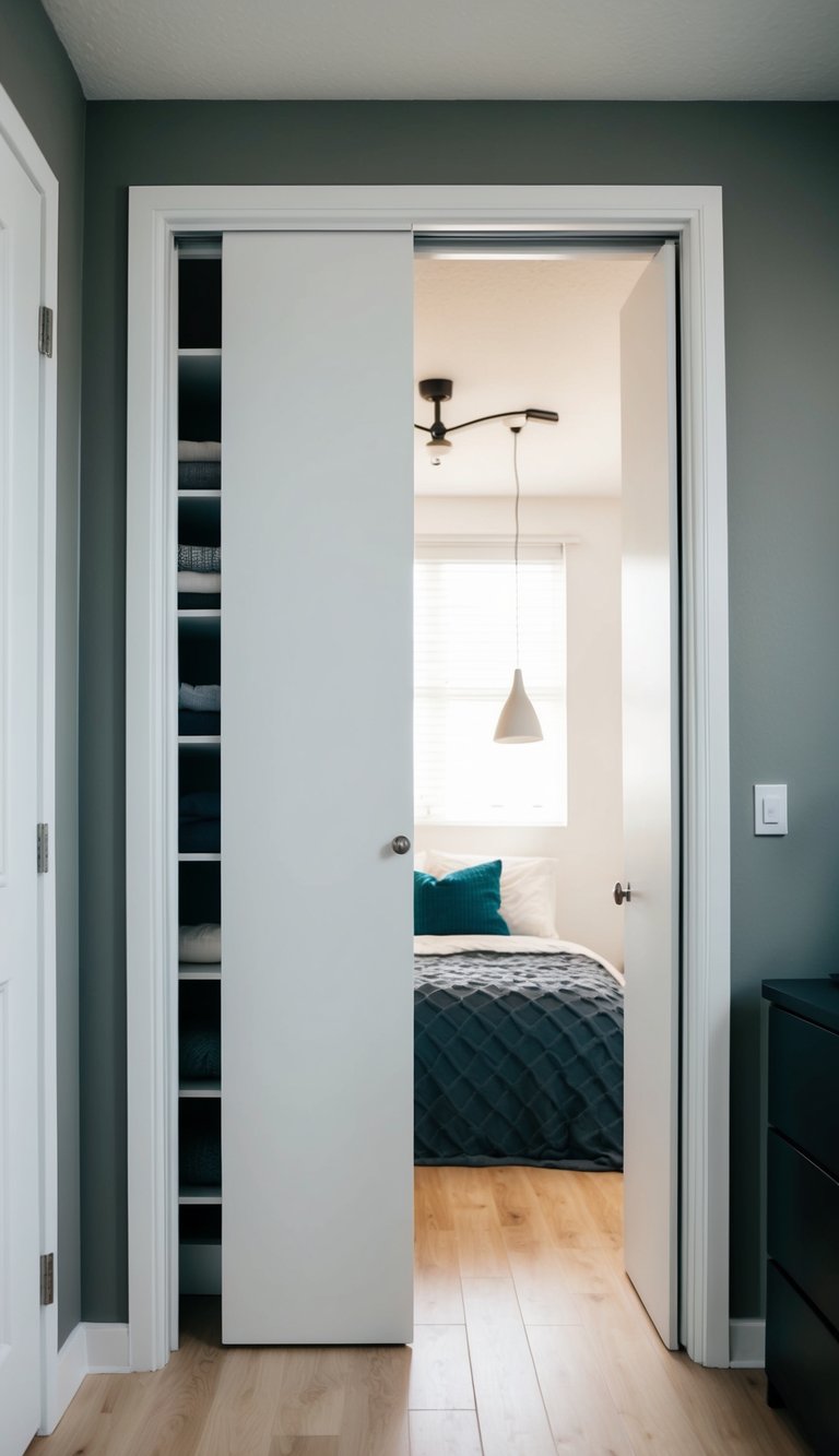 Sliding closet doors in a tiny bedroom, maximizing space with minimalistic design and efficient storage