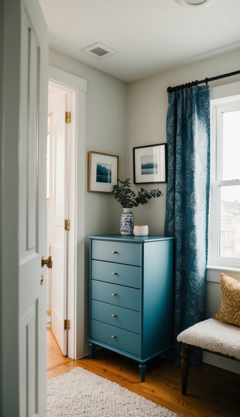 A narrow dresser fits snugly in a tiny bedroom, creating space and a cozy atmosphere