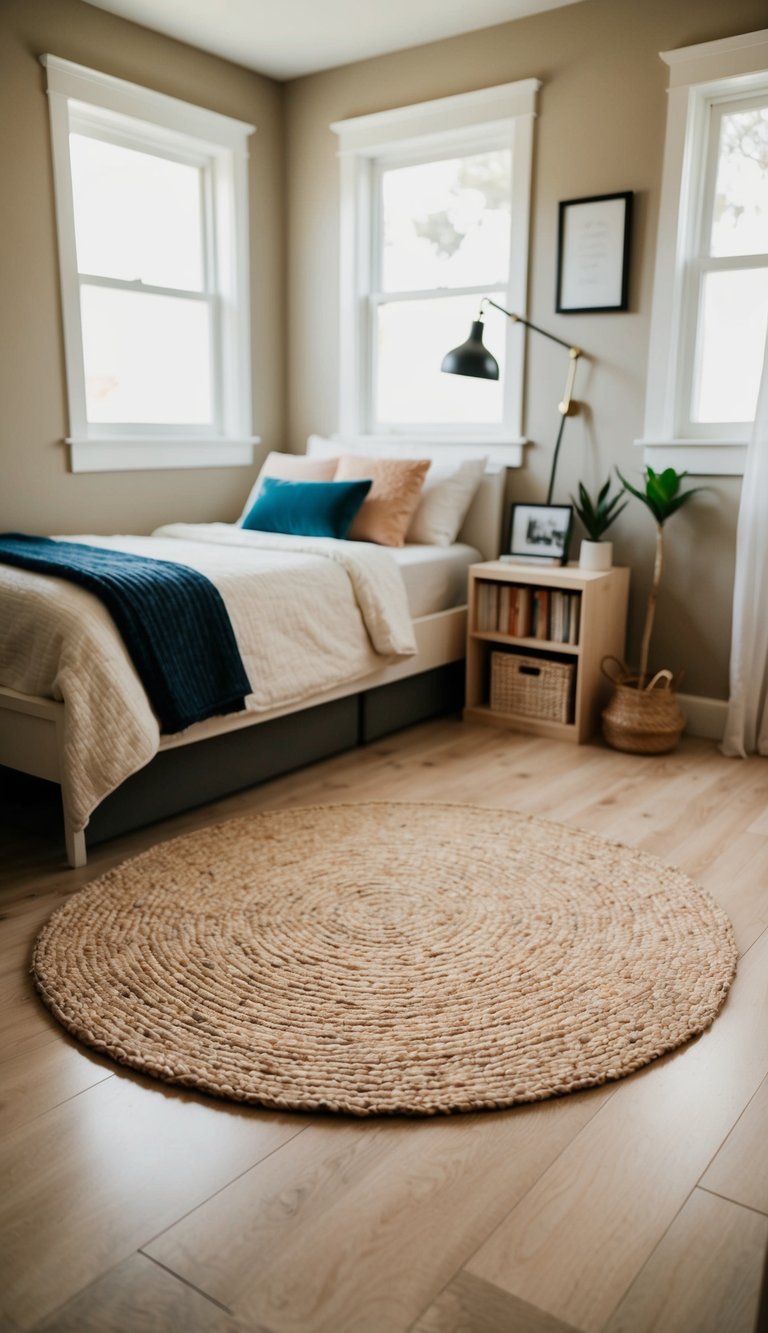 A small round rug sits in the center of a cozy bedroom, defining separate areas for sleeping, reading, and studying