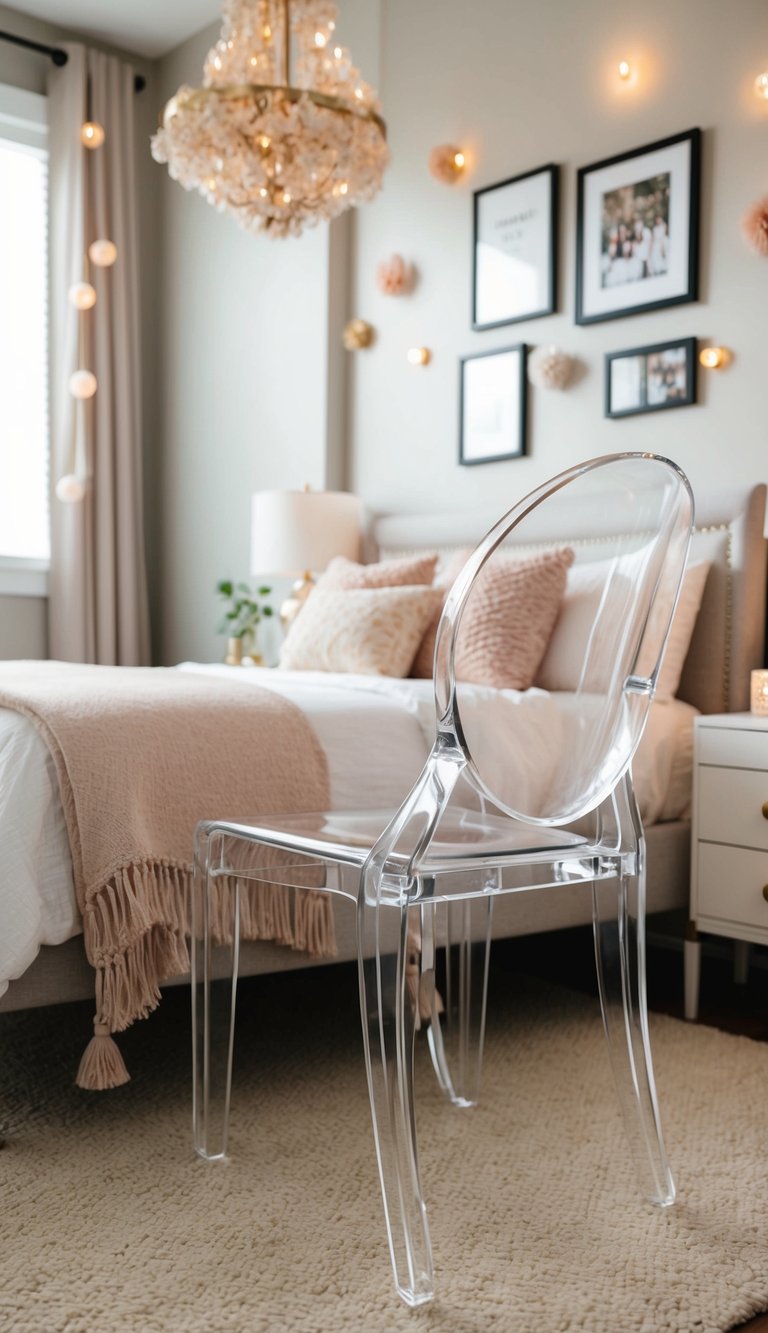 A cozy bedroom with clear acrylic chairs, adorned with 25 tiny decor ideas