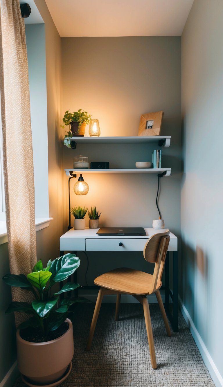 A cozy corner with a small desk, chair, and shelves. Decorative lighting and a plant add warmth to the workspace
