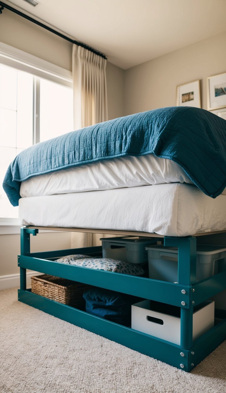 Bed risers lift a bed, creating extra storage space underneath. A small bedroom features a raised bed with neatly organized items stored beneath