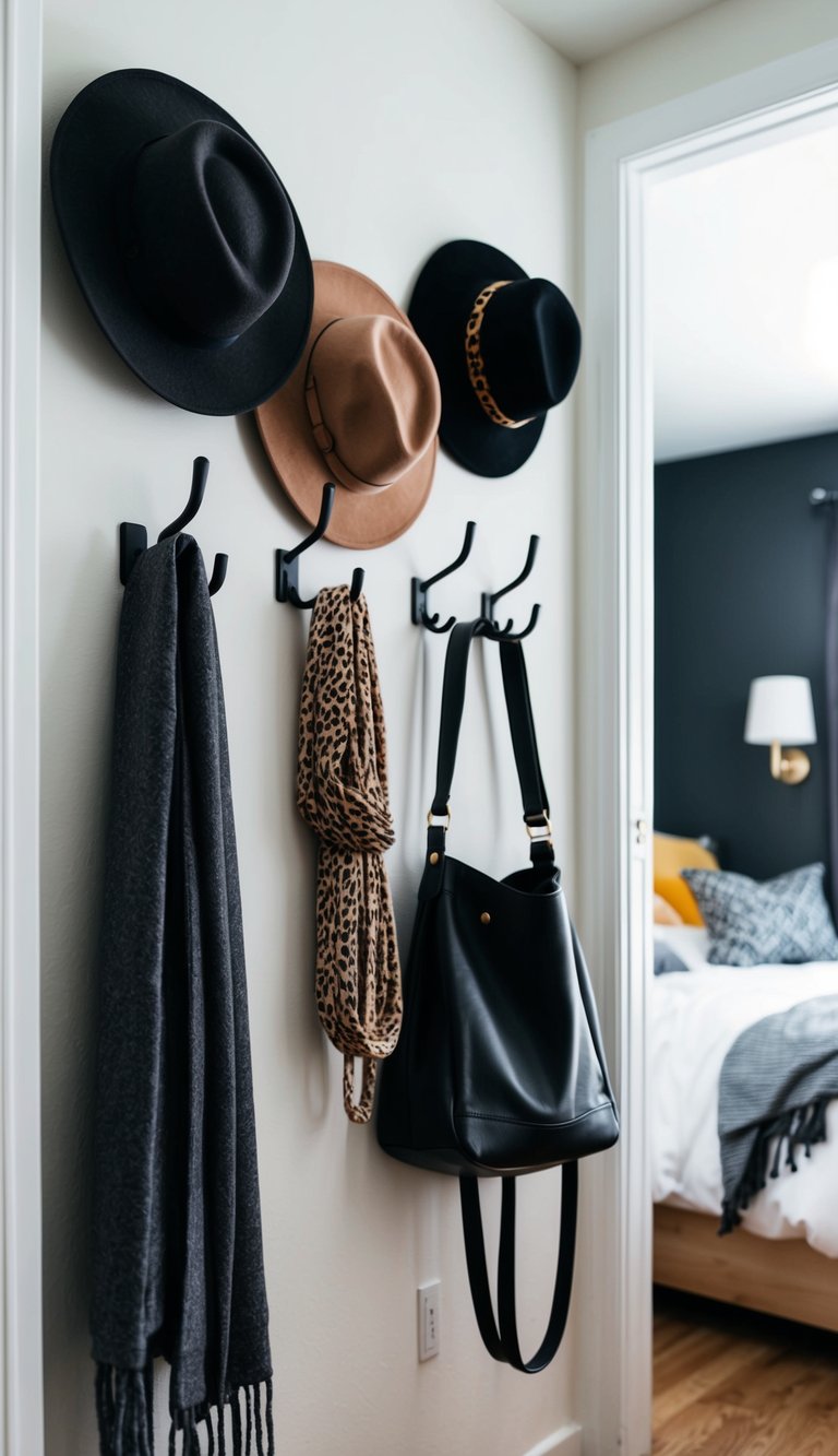 Wall hooks holding various items, such as hats, scarves, and bags, in a small bedroom with minimal floor clutter