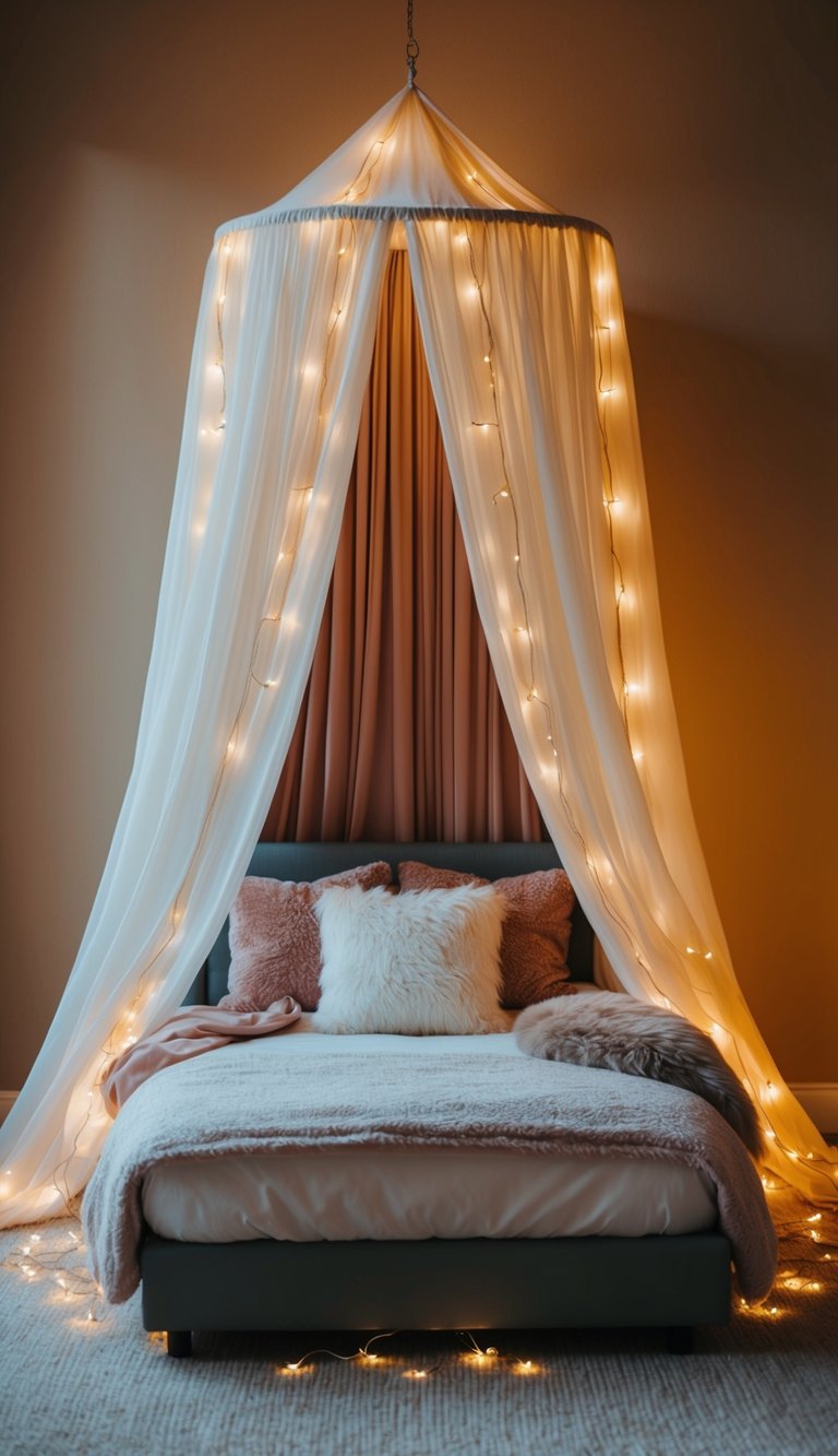 A bed canopy drapes over a small bed, surrounded by twinkling string lights, plush pillows, and a warm color scheme