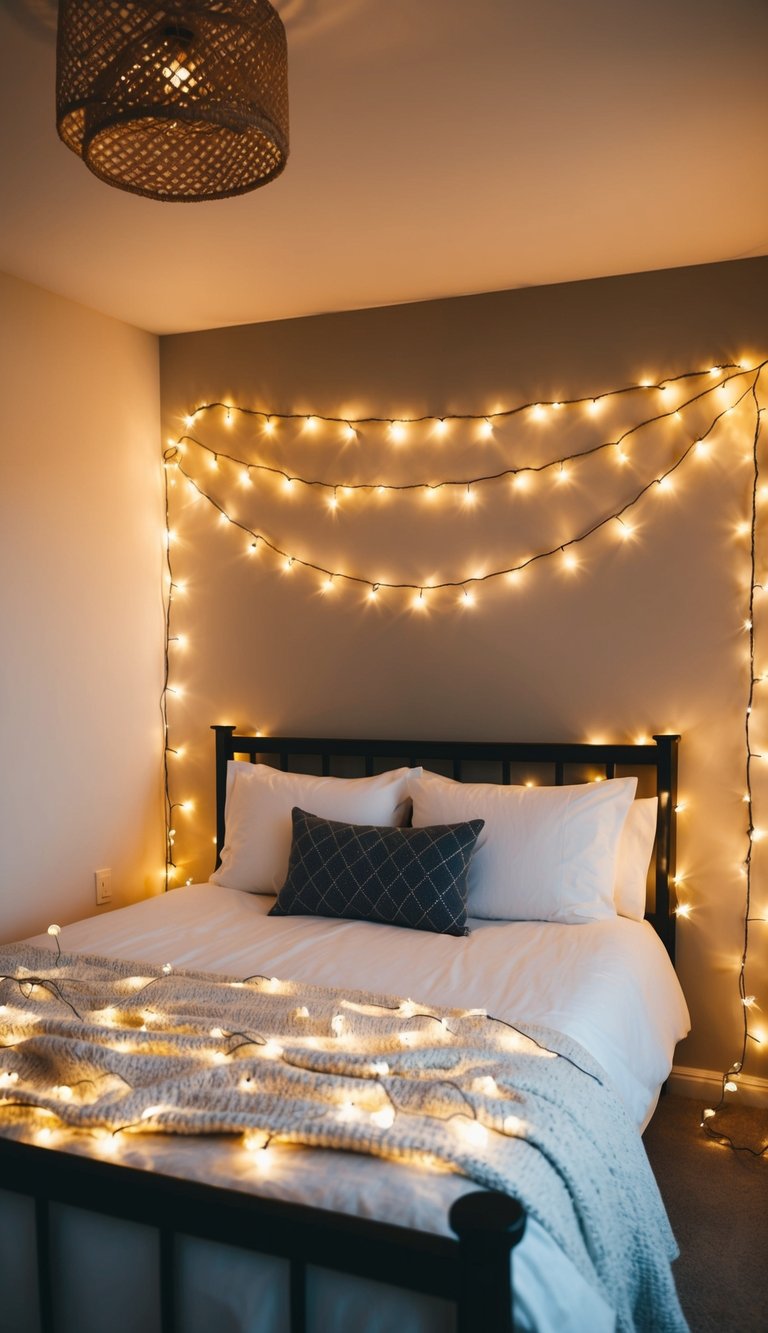 A cozy bedroom with twinkling fairy string lights draped around the bed frame and ceiling, creating a magical and dreamy atmosphere