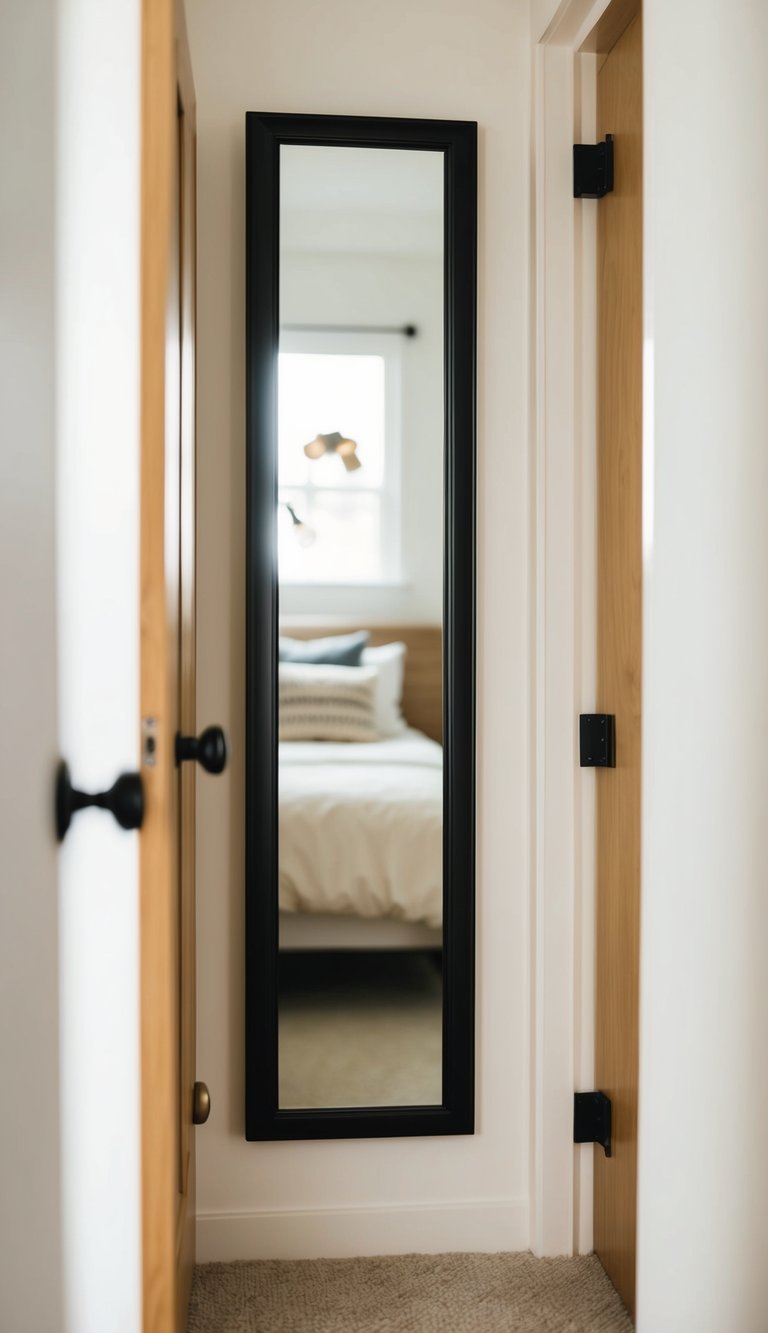A full-length mirror is mounted on the back of a bedroom door, reflecting the cozy and minimalist decor of the tiny space