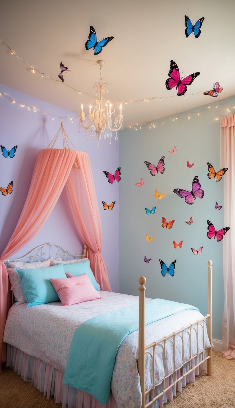 Colorful butterfly wall decals flutter around a fairy-themed bedroom with soft pastel walls, a canopy bed, and twinkling string lights