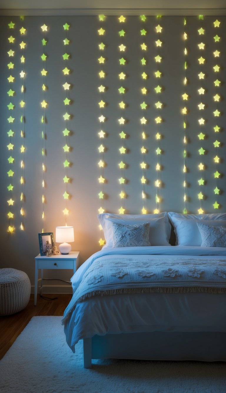 A whimsical bedroom adorned with glow-in-the-dark star stickers, creating a magical fairy-tale atmosphere