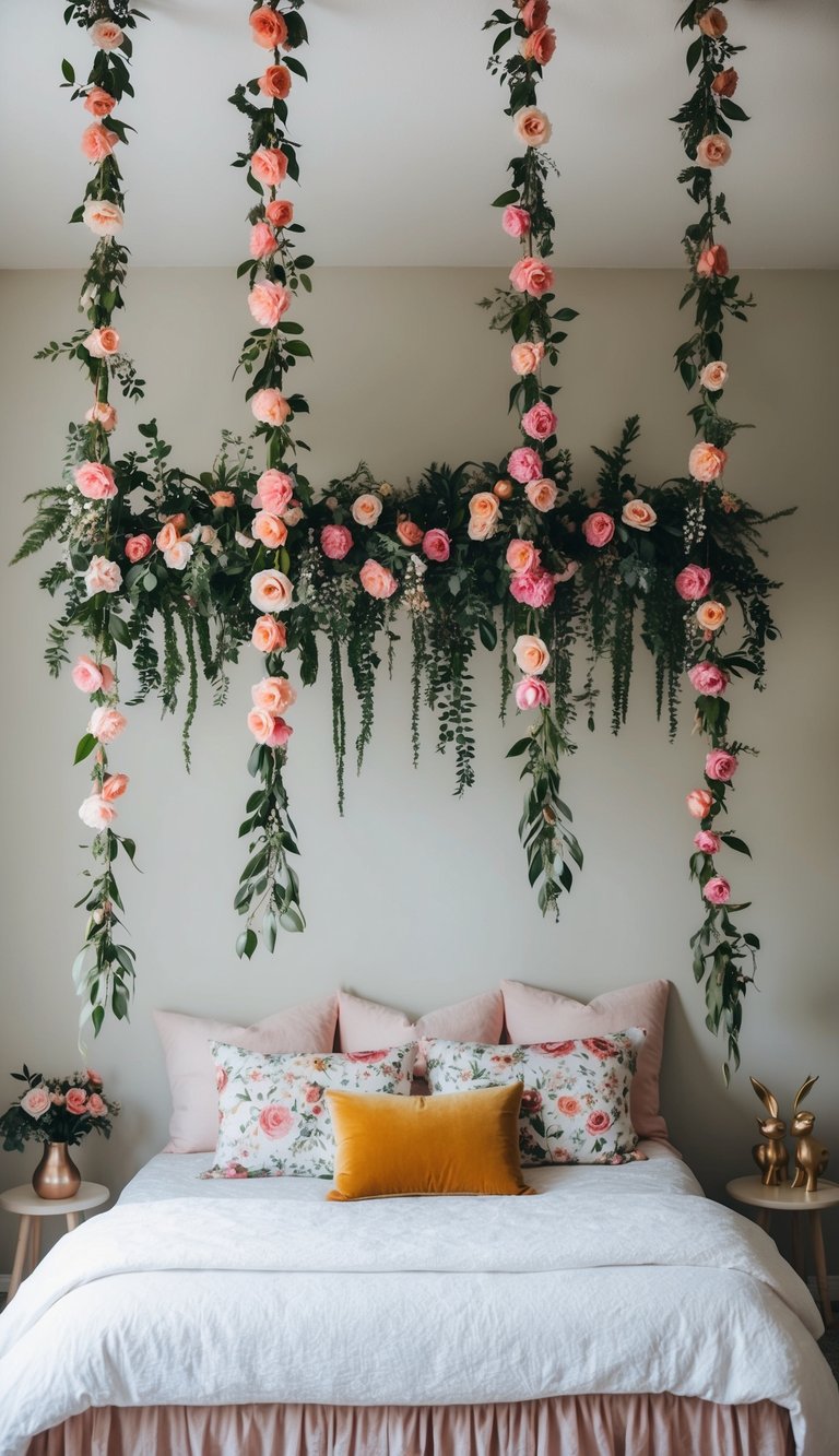 Floral garlands drape from the ceiling in a whimsical fairy bedroom