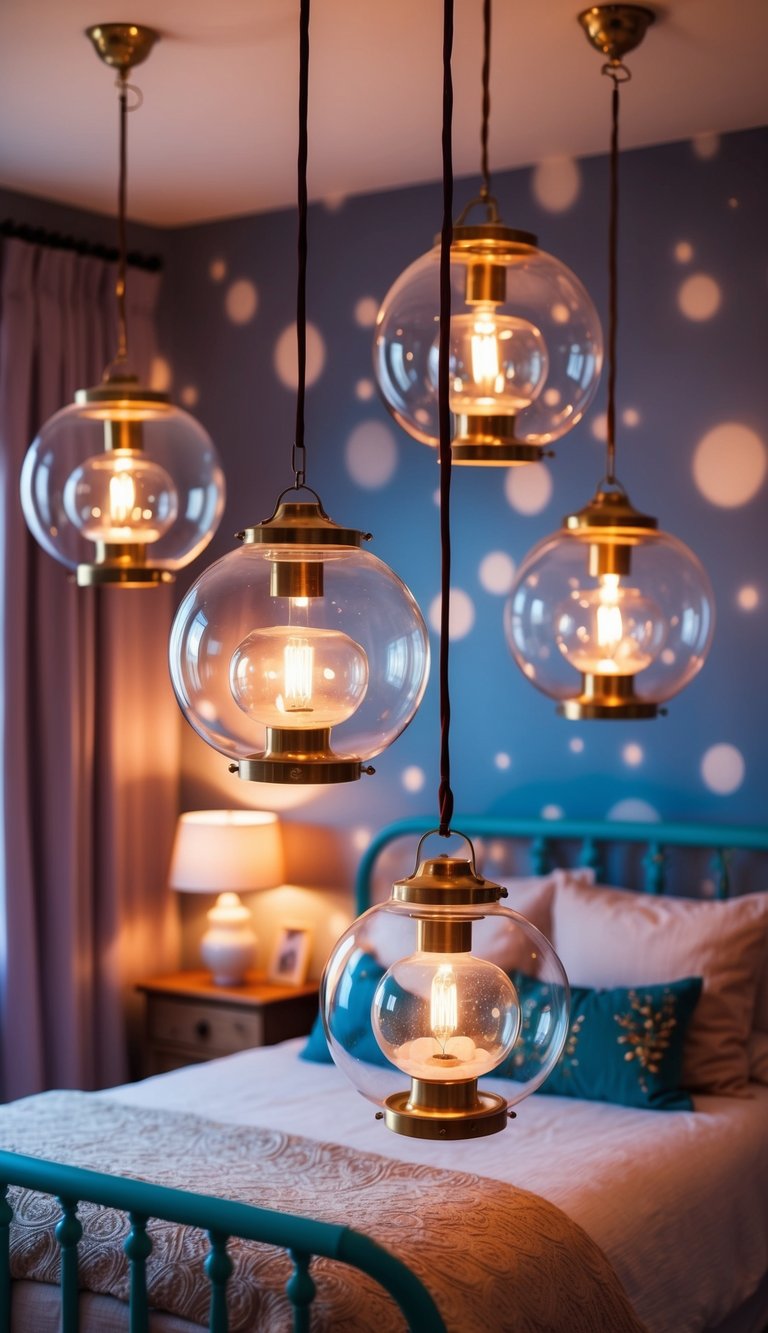 Several glass orb lanterns hang from the ceiling, casting a warm glow over a whimsical fairy-themed bedroom