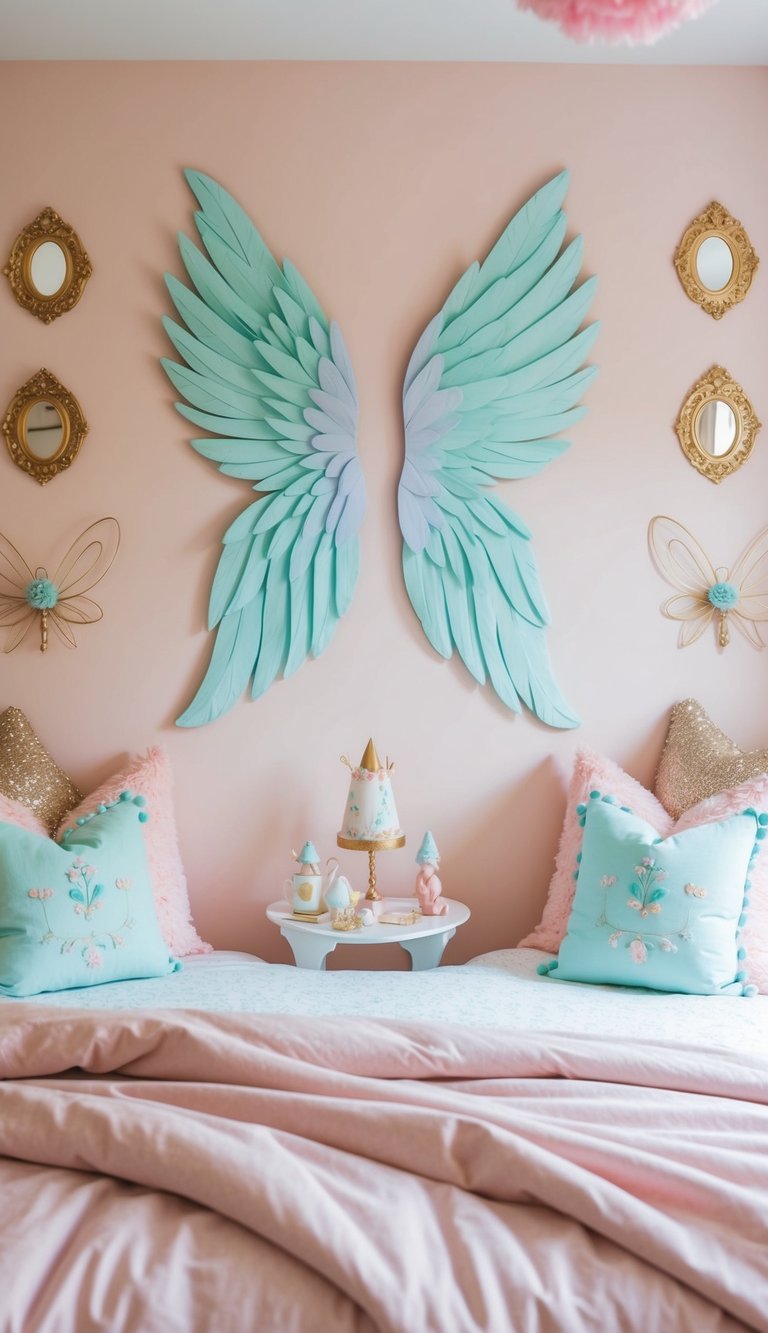 A pastel-colored fairy wing wall art surrounded by whimsical decor in a fairy-themed bedroom