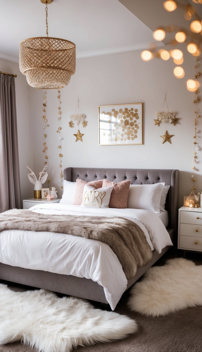 A cozy bedroom adorned with soft faux fur rugs and whimsical fairy-themed decor