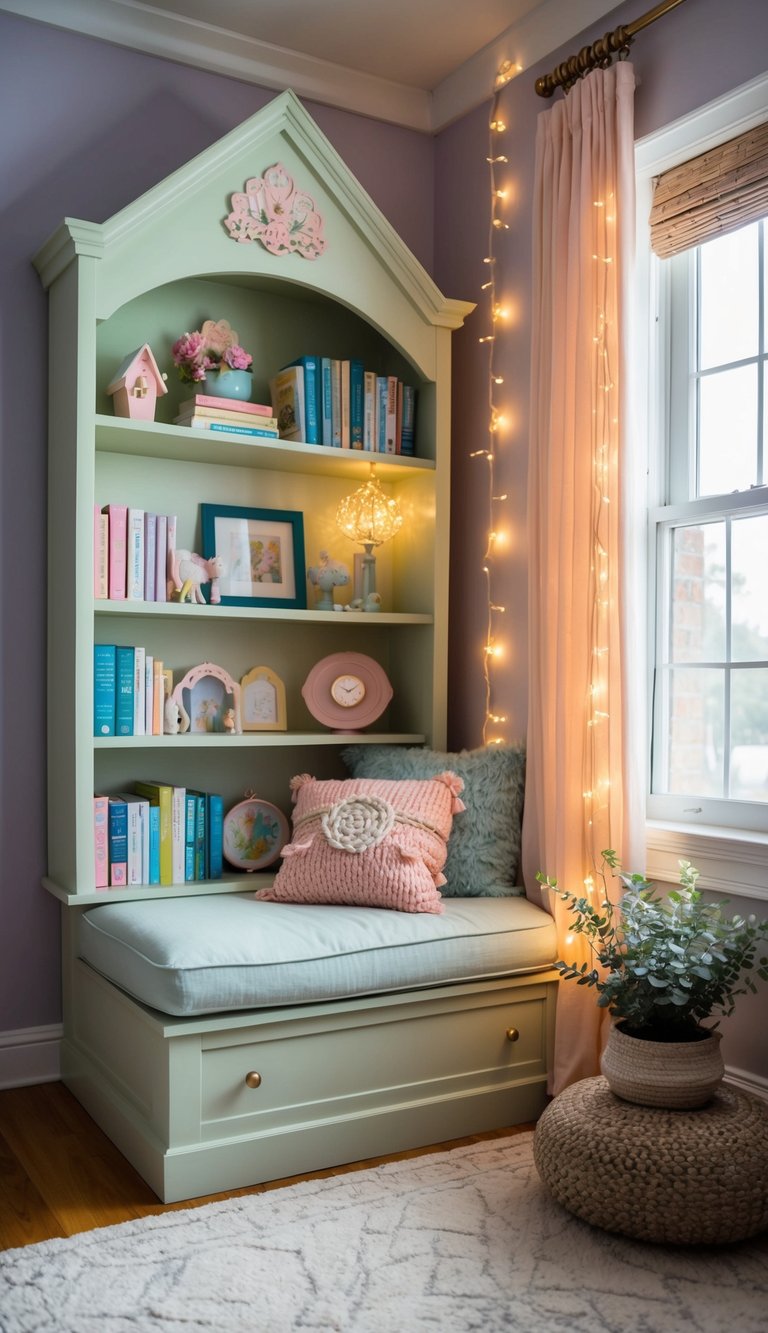 A cozy nook with a fairy tale bookshelf, soft pastel colors, twinkling lights, and whimsical decor