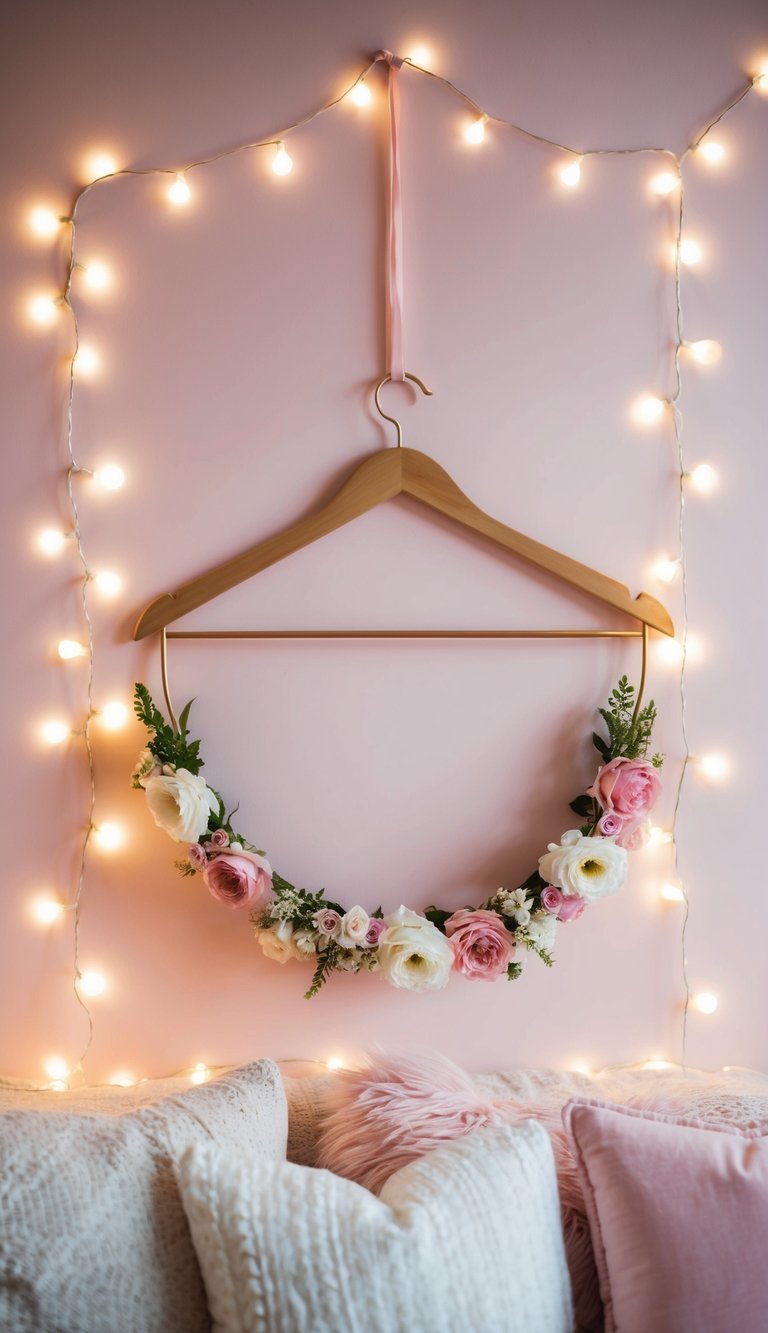 A flower crown hanger hangs on a pastel wall surrounded by twinkling fairy lights and dreamy decor in a cozy bedroom