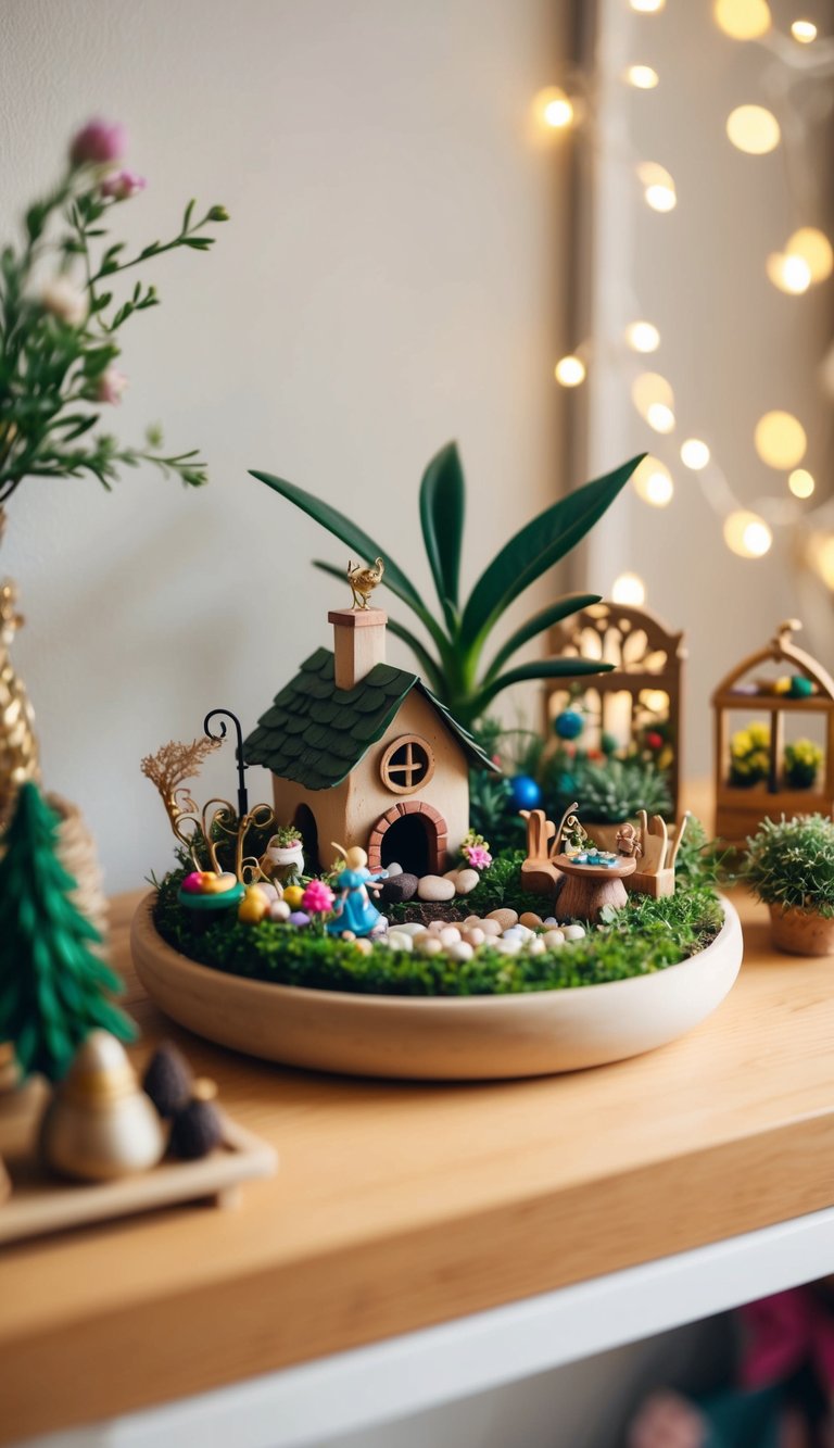 A tiny fairy garden sits on a shelf, surrounded by whimsical decorations and miniature furniture