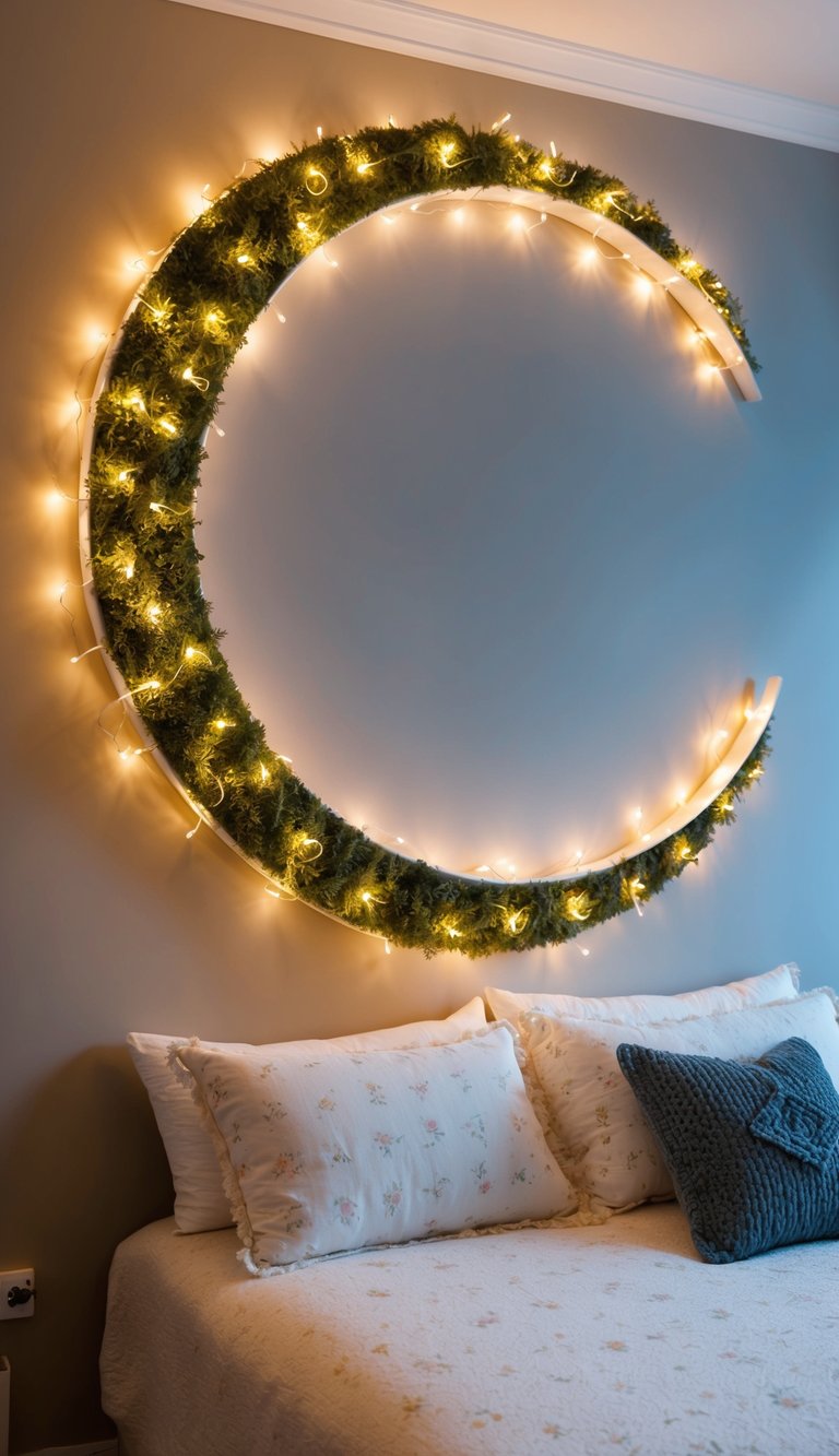 A crescent moon-shaped wall shelf adorned with fairy lights illuminates a whimsical bedroom filled with 26 enchanting fairy-themed decor ideas