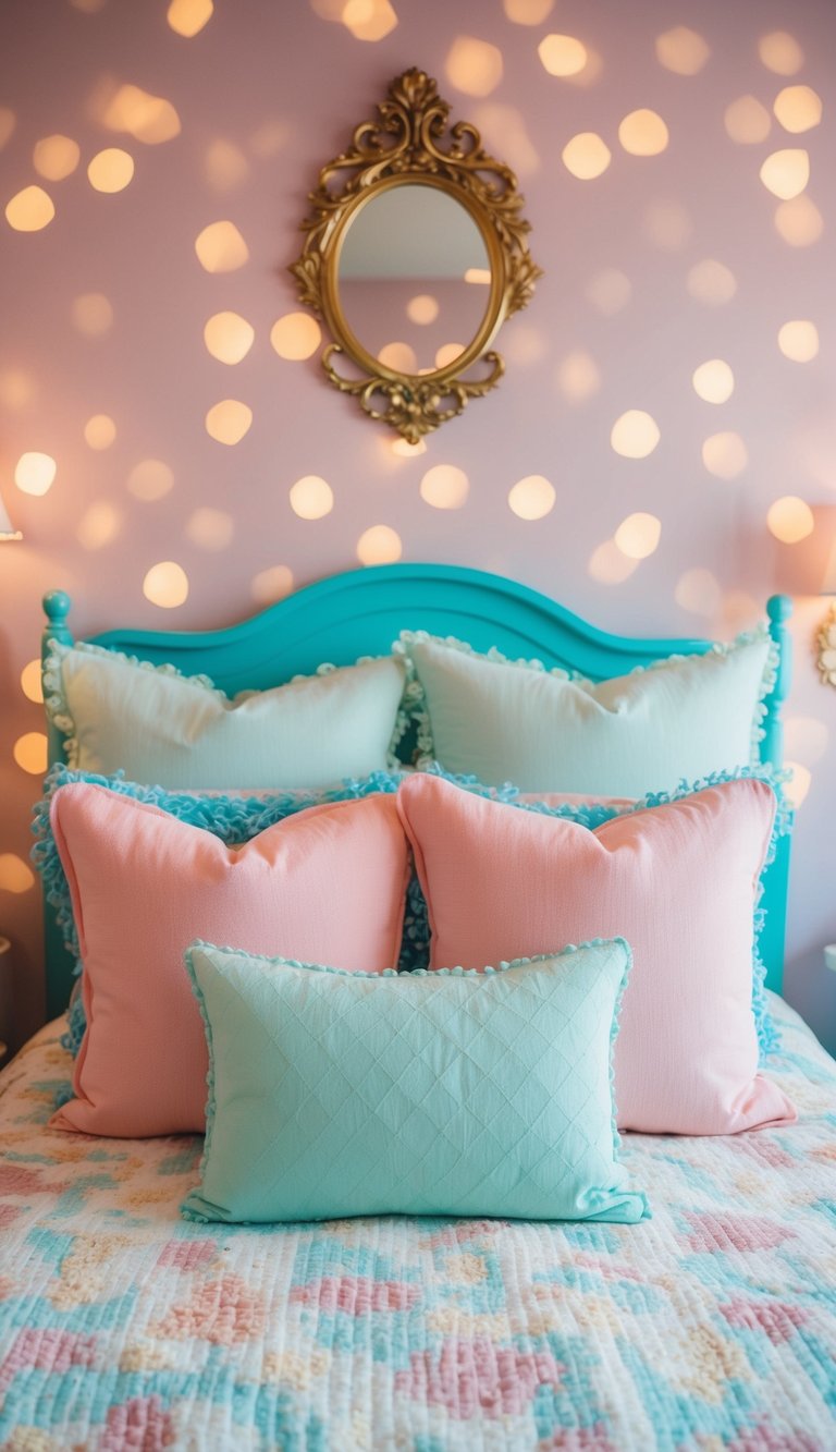 A cozy bed with mismatched pastel pillows in a whimsical fairy-themed bedroom